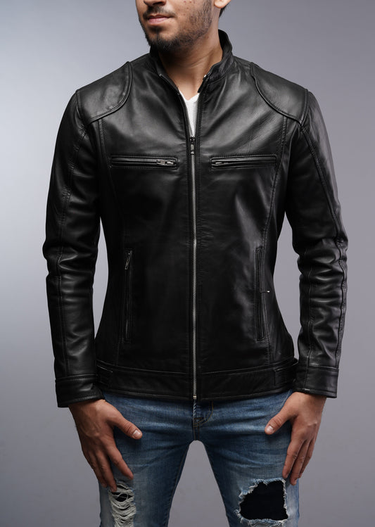 Men Cafe Racer Bomber Black Motorcycle Leather Jacket (CL-19)