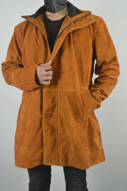 Mens Brown Three Quarter Trench Suede Leather Coat