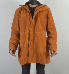Mens Brown Three Quarter Trench Suede Leather Coat