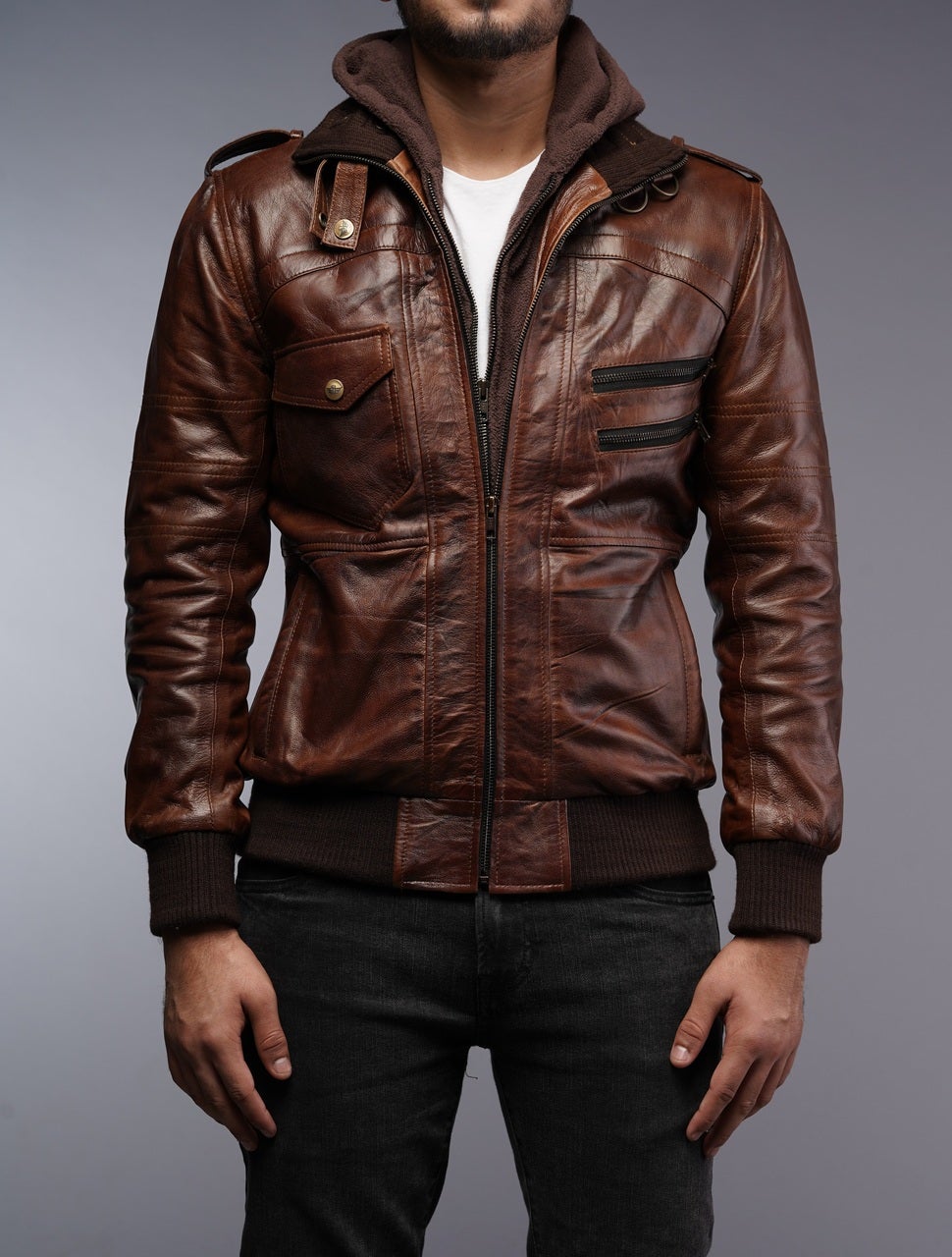 Mens Removable Hoodie Waxed Brown Leather Jacket – South Beach Leather