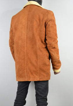 Men's Double Breasted Shearling Fur Suede Tan Leather Jacket