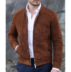 Men's Fashion Brown Suede Slim Fit Racer Leather Jacket