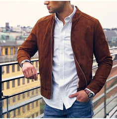 Men's Fashion Brown Suede Slim Fit Racer Leather Jacket