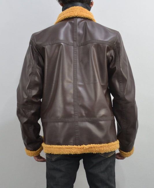 Mens Shearling Fur Bomber RAF Brown Real Leather Jacket
