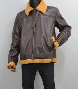 Mens Shearling Fur Bomber RAF Brown Real Leather Jacket
