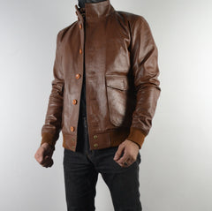 Mens A-1 Flight Tan Bomber Style Ribbed Leather Jacket Butons Style For Mens