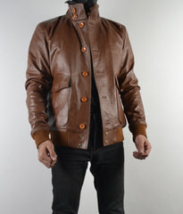 Mens A-1 Flight Tan Bomber Style Ribbed Leather Jacket Butons Style For Mens