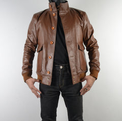 Mens A-1 Flight Tan Bomber Style Ribbed Leather Jacket Butons Style For Mens