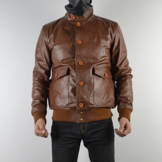 Mens A-1 Flight Tan Bomber Style Ribbed Leather Jacket Butons Style For Mens