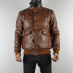 Mens A-1 Flight Tan Bomber Style Ribbed Leather Jacket Butons Style For Mens