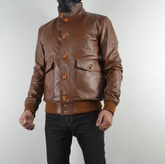 Mens A-1 Flight Tan Bomber Style Ribbed Leather Jacket Butons Style For Mens