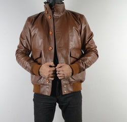 Mens A-1 Flight Tan Bomber Style Ribbed Leather Jacket Butons Style For Mens