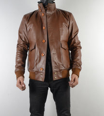 Mens A-1 Flight Tan Bomber Style Ribbed Leather Jacket Butons Style For Mens