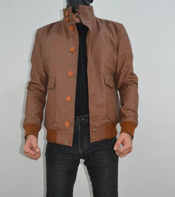 Mens A-1 Flight Tan Bomber Style Ribbed Leather Jacket For Mens