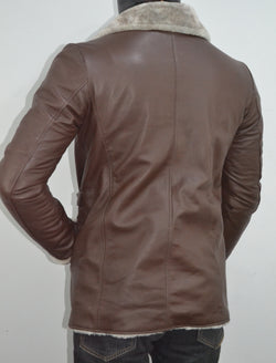 Men's Brown Fur Collar Slim Fit Leather Blazer Jacket
