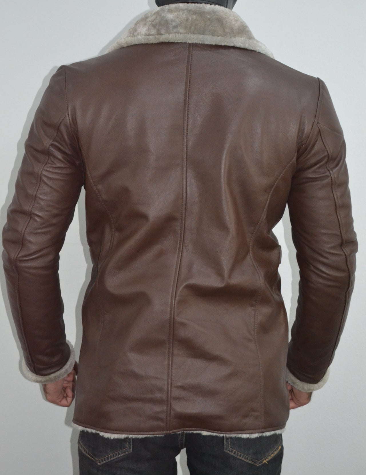 Men's Brown Fur Collar Slim Fit Leather Blazer Jacket