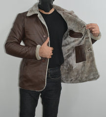 Men's Brown Fur Collar Slim Fit Leather Blazer Jacket