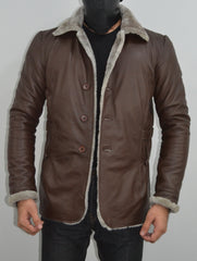 Men's Brown Fur Collar Slim Fit Leather Blazer Jacket