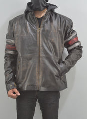 Men's Café Hooded Racer Vintage Black Stripes Leather Jacket