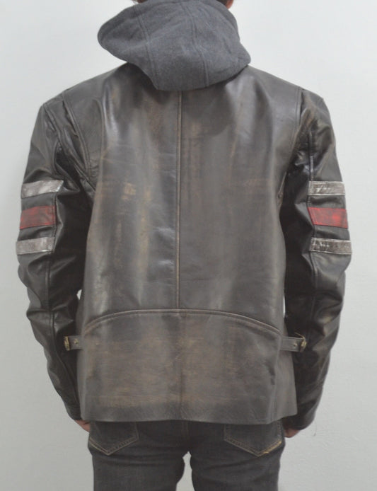 Men's Café Hooded Racer Vintage Black Stripes Leather Jacket