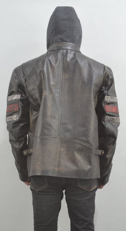 Men's Café Hooded Racer Vintage Black Stripes Leather Jacket
