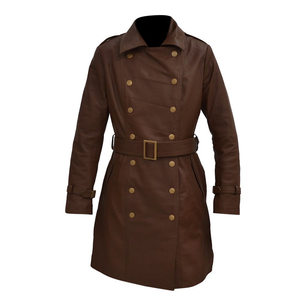 Women's Fashion Brown Trench Leather Coat