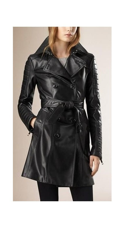 Women Designer Ladies Vintage Outerwear Black Trench Leather Long Coat