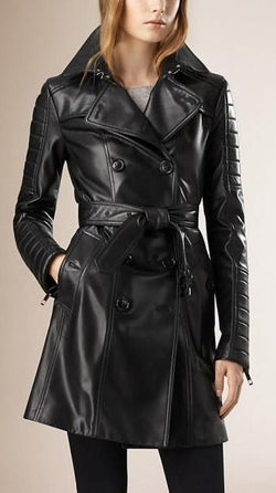 Women Designer Ladies Vintage Outerwear Black Trench Leather Long Coat