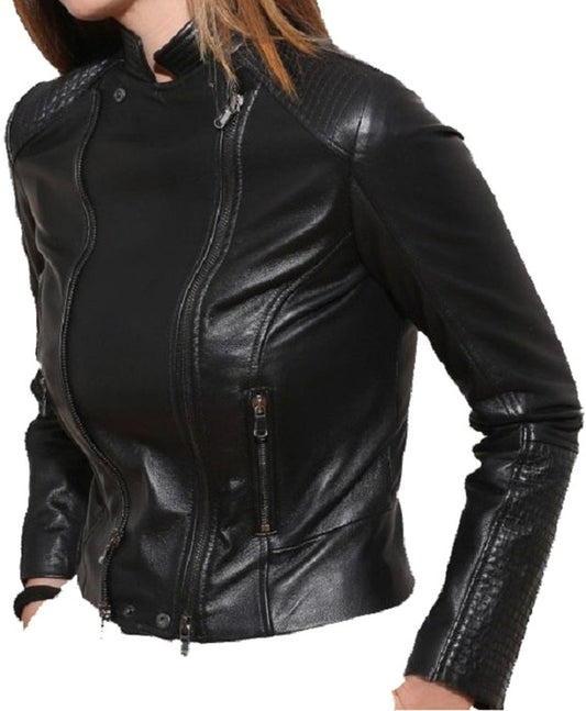 Women's Padded Slim Fit Racer Black Leather Jacket