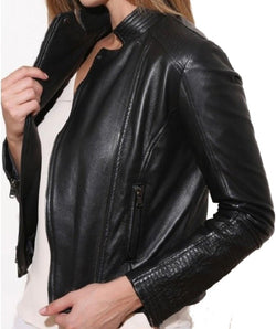 Women's Padded Slim Fit Racer Black Leather Jacket