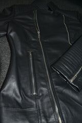 Women's Padded Slim Fit Racer Black Leather Jacket