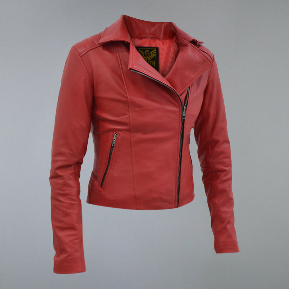 Women's Biker Padded Design Red Slim Fit Leather Jacket