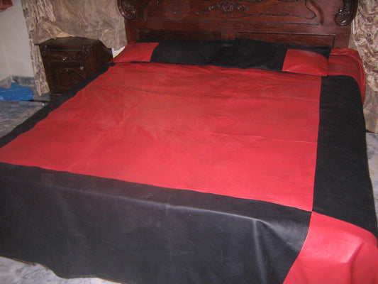Red And Black Leather Bed Sheet With Two Pillows