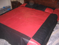 Red And Black Leather Bed Sheet With Two Pillows