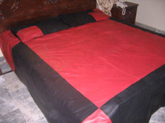 Luxury Two-Tone Red & Black Leather Bed Sheet Set – Includes 2 Matching Pillow Shams