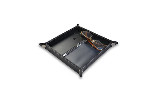 Black Leather Bedside Storage Tray With White Stitching Box For Men Accessories