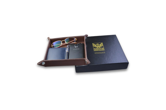 Dark Brown Leather Bedside Storage Tray Box For Mens Accessories