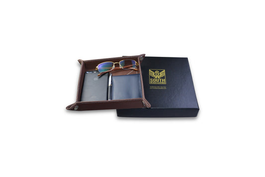 Dark Brown Leather Bedside Storage Tray Box For Mens Accessories