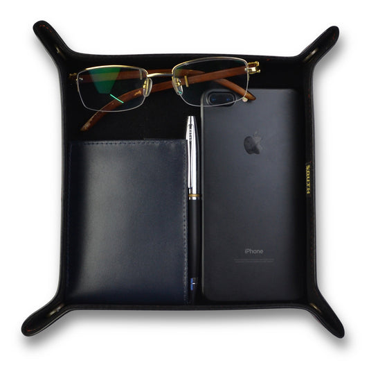 Black Leather Bedside Storage Tray Box With Red Stitching For Men Accessories