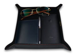 Black Leather Bedside Storage Tray Box With Red Stitching For Men Accessories