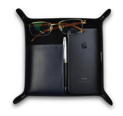 Black Leather Bedside Storage Tray Box With Red Stitching For Men Accessories
