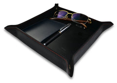Black Leather Bedside Storage Tray Box With Red Stitching For Men Accessories