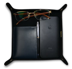 Black Leather Bedside Storage Tray Box With Red Stitching For Men Accessories
