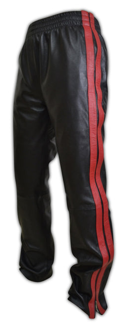 Mens Black Leather Sports Jogging Trousers With Double Red Stripes
