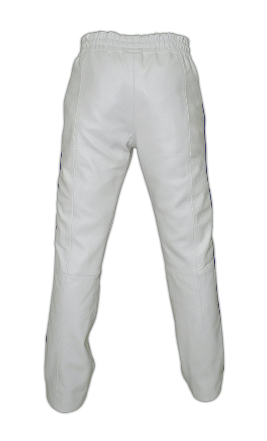 White Leather Jogging Pant With Blue Stripes