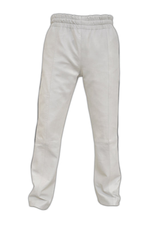 White Leather Jogging Pant With Blue Stripes