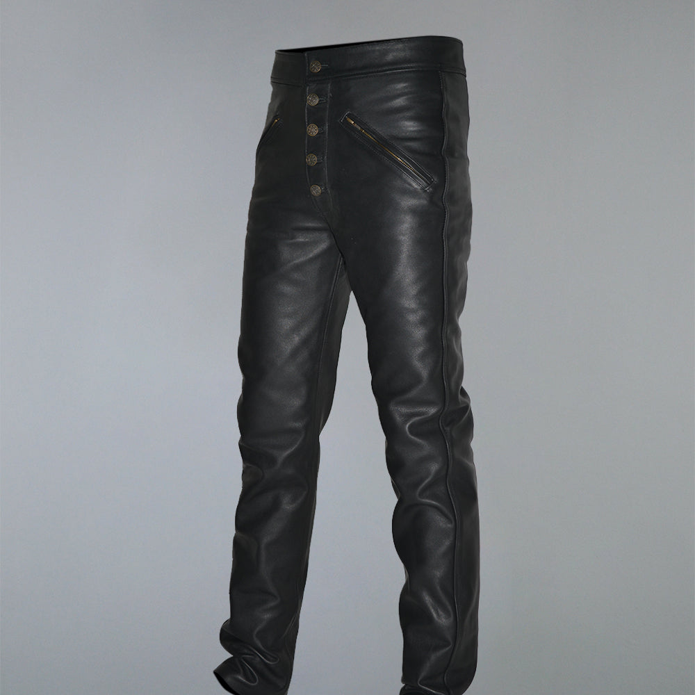 Mens Leather Pants Straight Leg Classic Leather Trousers Black