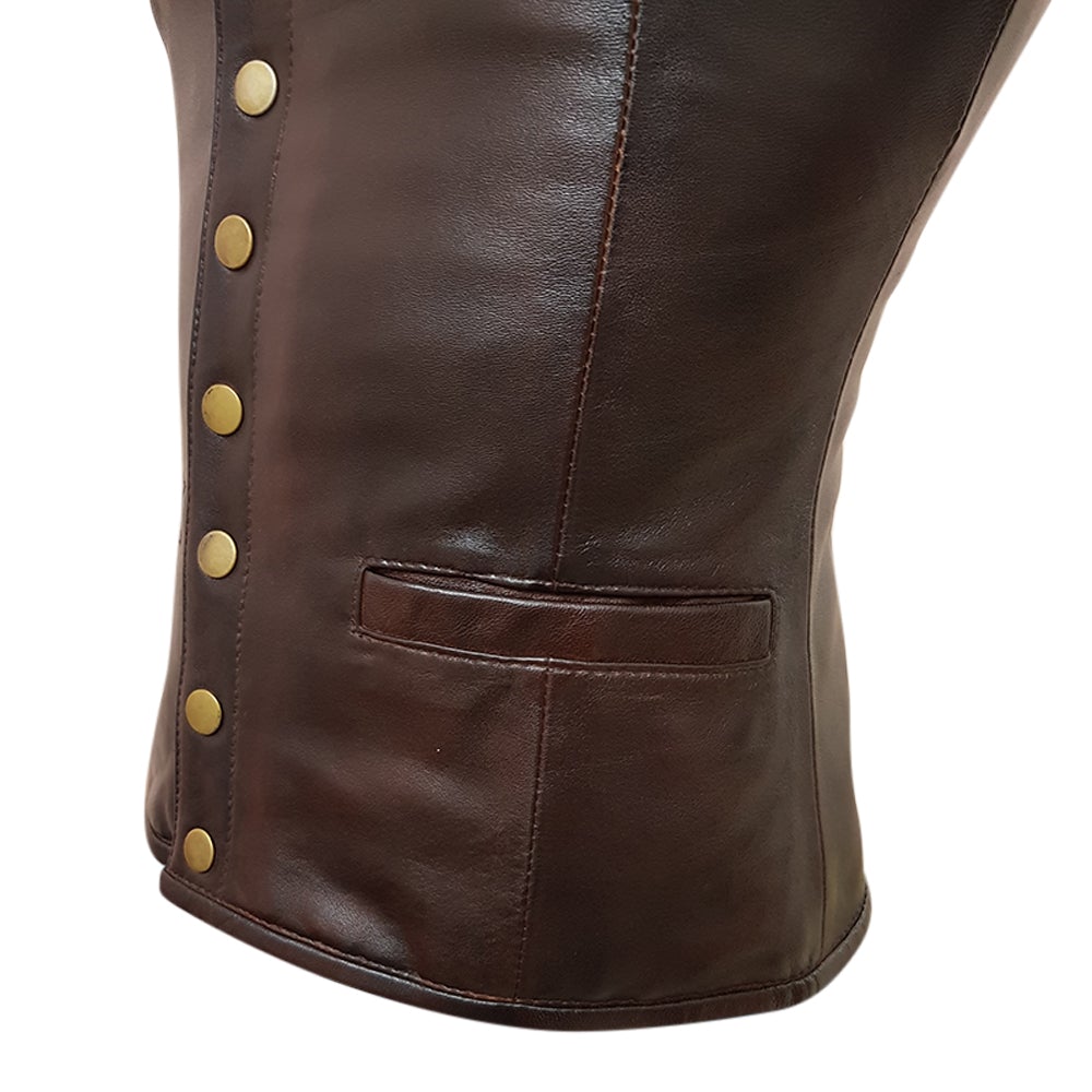 Mens Brown Rapper Style Strap Lambskin Leather Vest (CL-05)
