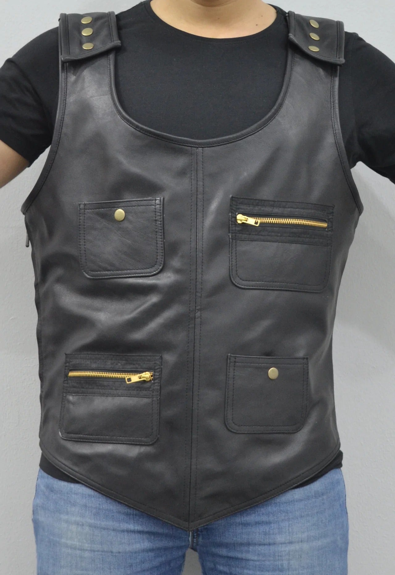 Men's Black Rapper Style Strap Lambskin Leather Vest