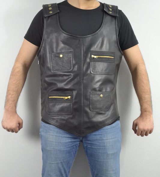 Men's Black Rapper Style Strap Lambskin Leather Vest